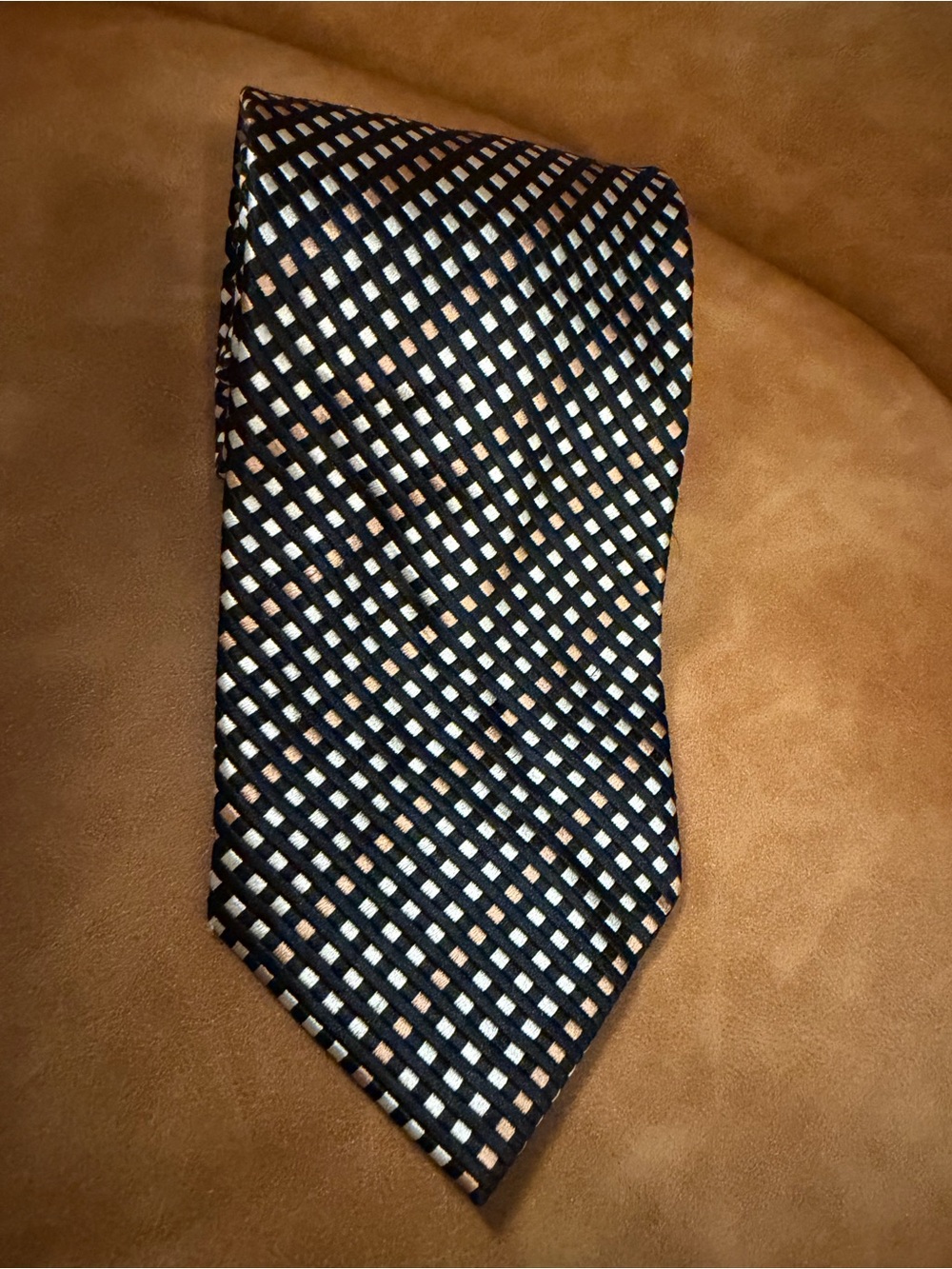 👔Valerio Garati Pure Silk Handmade Tie in Black, Cream & Tan Grid Pattern - Picture 6 of 10